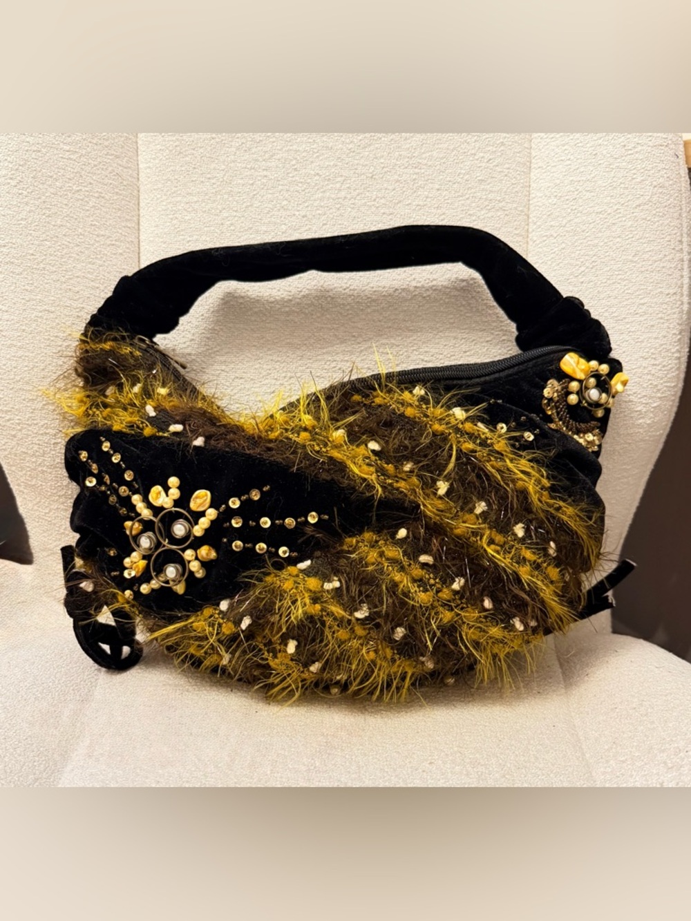 Y2K Velvet Black Shoulder Bag with Gold Bead & Feather Trim Accents